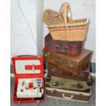 VINTAGE LUGGAGE. TWO BROWN LEATHER SUITCASES, 50CM W, A CANVAS COVERED SUITCASE, ETC (8)