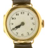 A SWISS 9CT GOLD LADY'S WRISTWATCH WITH ENAMEL DIAL, IMPORT MARKED LONDON 1926, LEATHER STRAP