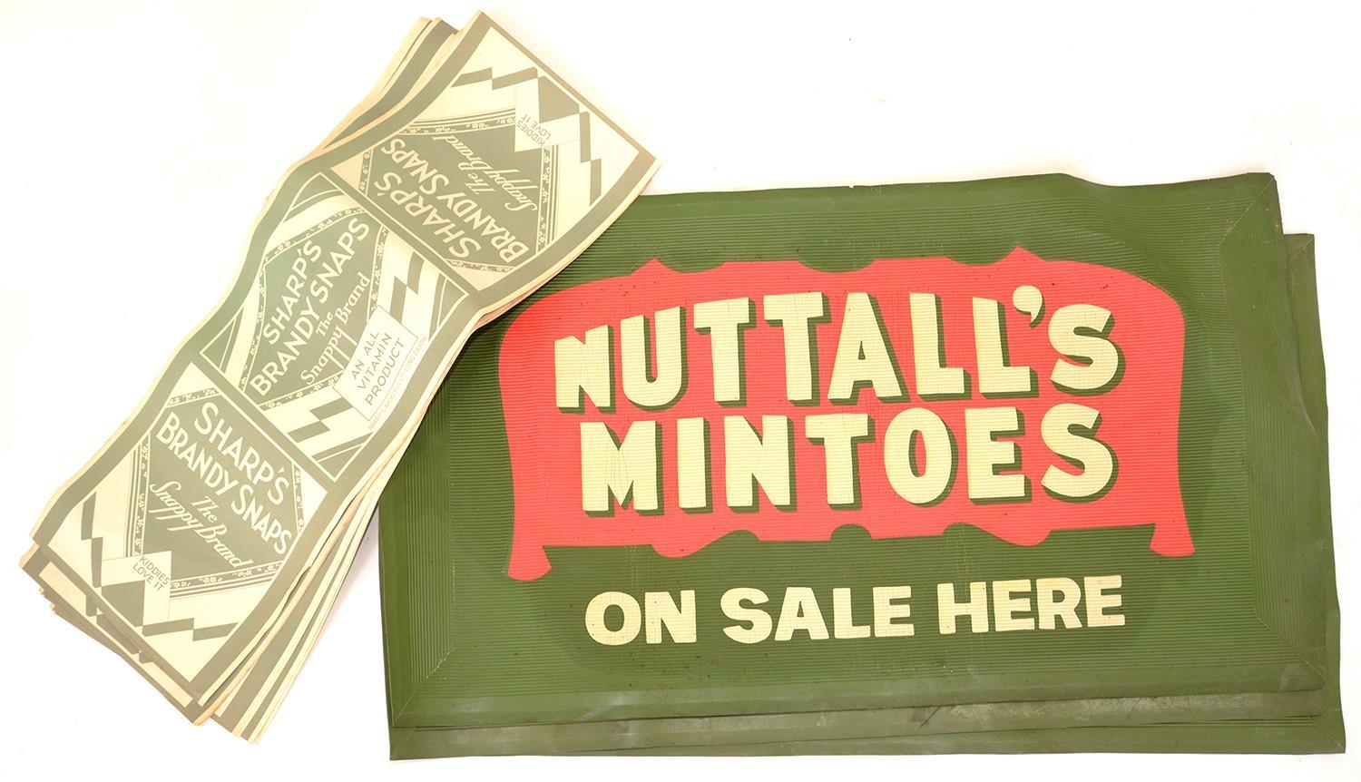 VINTAGE ADVERTISING. NUTTALL'S MINTOES RUBBER MATS (3), 91CM W, SHARPS BRANDY SNAPS BANNERS, ETC