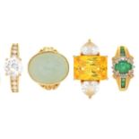 FOUR GEM SET 14CT GOLD RINGS, COMPRISING AN EMERALD AND DIAMOND RING, A JADE RING, AND TWO CUBIC