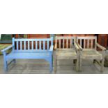 TEAK GARDEN FURNITURE. A PAIR OF ROSE DATE ELBOW CHAIRS BY MARSHALLS MONO LIMITED AND A BLUE PAINTED