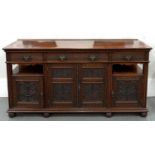 A CARVED AND PANELLED OAK SIDEBOARD, EARLY 20TH C, 94CM H; 191 X 65CM, MAHOGANY STAINED