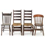 A PAIR OF RUSH SEATED ASH LADDER BACK DINING CHAIRS, AN ART NOUVEAU STYLE DINING CHAIR, MAHOGANY TEA