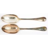 A PAIR OF GEORGE II SILVER DESSERT SPOONS, OLD ENGLISH PATTERN, INDISTINCT MAKER'S MARK, LONDON