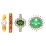 FOUR GEM SET GOLD RINGS COMPRISING A PERIDOT RING IN 14CT WHITE GOLD, TWO CUBIC ZIRCONIA RINGS IN