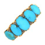 A VICTORIAN FIVE STONE TURQUOISE RING WITH DIAMOND CHIP ACCENTS IN GOLD MARKED 18CT, 5G, SIZE S
