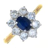 A DIAMOND AND SAPPHIRE CLUSTER RING IN GOLD MARKED 18CT PLAT, 4G, SIZE Q