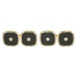 A PAIR OF ART DECO ONYX AND DIAMOND CUFF LINKS, IN GOLD MARKED 18CT & PT, 6G