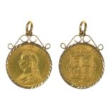 GOLD COIN. HALF SOVEREIGN 1887, IN 9CT GOLD PENDANT MOUNT