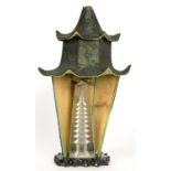 AN UNUSUAL 1930'S CHINOISERIE TABLE LAMP IN THE FORM OF A DARK GREEN AND BLACK SILK PAGODA, OPEN