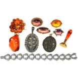 TWO SILVER LOCKETS, AN AMBER AND SILVER BROOCH, FOUR PASTE BROOCHES, ETC