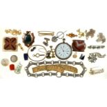 AN ENGLISH SILVER LEVER CHRONOGRAPH WATCH, BIRMINGHAM 1885 AND MISCELLANEOUS COSTUME JEWELLERY, ETC,