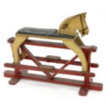 AN EARLY 20TH C PAINTED WOOD ROCKING HORSE WITH PADDED BLACK LEATHER CLOTH SEAT, 72CM H