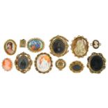 A SHELL CAMEO IN GOLD MARKED 12CT, TWO OTHER CAMEOS IN GILT METAL, FIVE VICTORIAN MOURNING AND OTHER