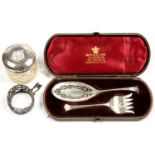 A GEORGE V SILVER CAPPED GLASS HAIR TIDY, 6 CM H,  CHESTER 1912, AN EDWARD VI SILVER CUP HOLDER, 4
