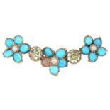 A VICTORIAN TURQUOISE AND PEARL SWAG BROOCH, THE THREE CLUSTERS DIVIDED BY FOILED ROCK CRYSTAL, IN
