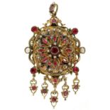 A CONTINENTAL GILT METAL AND ENAMEL LOCKET, SET WITH FOILED RED PASTES AND PEARLS, 8 CM L