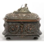A VICTORIAN ELECTROPLATED COPPER ELECTROTYPE CASKET OF ORNATE BOW ENDED FORM, THE DOMED LID