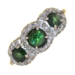 A TOURMALINE AND DIAMOND TRIPLE CLUSTER RING IN GOLD MARKED 18CT, 5G, SIZE P