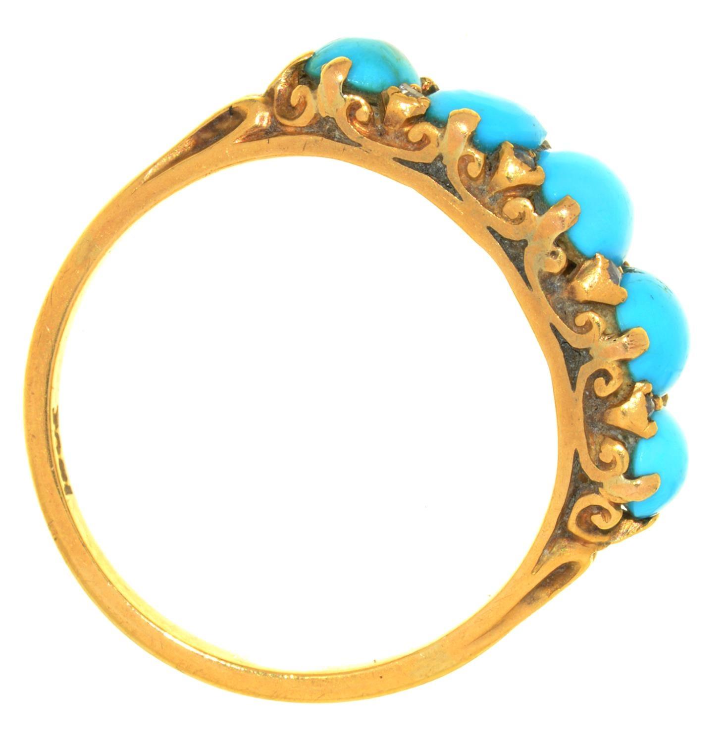 A VICTORIAN FIVE STONE TURQUOISE RING WITH DIAMOND CHIP ACCENTS IN GOLD MARKED 18CT, 5G, SIZE S - Image 2 of 2
