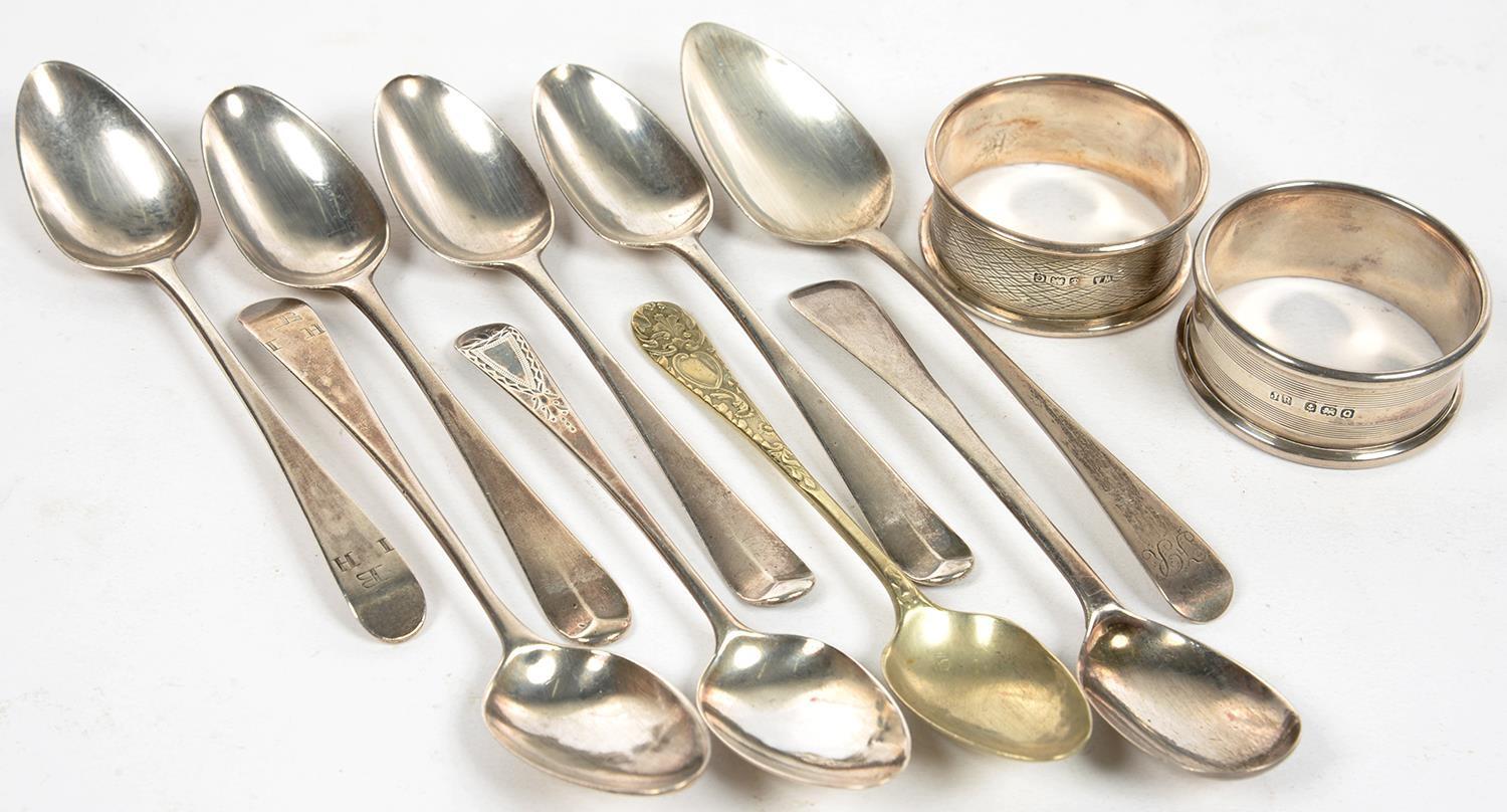 NINE VARIOUS SILVER SPOONS AND TWO SILVER NAPKIN RINGS, GEORGE III AND LATER, 4OZS 4DWTS (11)