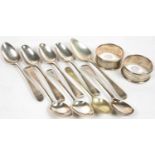 NINE VARIOUS SILVER SPOONS AND TWO SILVER NAPKIN RINGS, GEORGE III AND LATER, 4OZS 4DWTS (11)