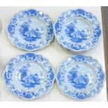 A SET OF FOUR GADROONED BLUE PRINTED STONE CHINA HICKS & MEIGH PATTERN PLATES AND THREE SOUP