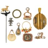 A GOLD MOURNING BROOCH SET WITH A PORTRAIT MINIATURE, A CITRINE INTAGLIO SEAL WITH THE NAME ANNE