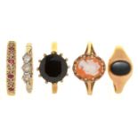 FIVE GOLD RINGS, IN 9CT, MARKED 9CT OR 375, INCLUDING A RUBY AND OLD CUT DIAMOND BAND RING AND A