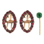 A PAIR OF GARNET EARRINGS IN GOLD AND SILVER, ADAPTED FROM BREECHES BUCKLES, 10.5G, AND A GOLD STICK