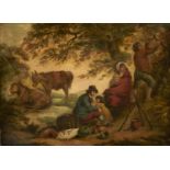 FOLLOWER OF GEORGE MORLAND A GIPSY FAMILY AND THEIR ANIMALS bears signature, oil on canvas, 33 x
