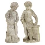A PAIR OF RECONSTITUTED STONE EMBLEMATIC STATUETTES OF CHILDREN BEARING THE ATTRIBUTES OF FIRE AND