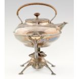 AN EPNS THREE PINT TABLE KETTLE, COVER, STAND AND SPIRIT BURNER DESIGNED BY W A S BENSON AND