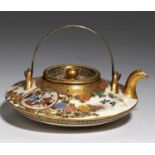 A JAPANESE SATSUMA EARTHENWARE MINIATURE KETTLE AND COVER,  MEIJI PERIOD with metal handle,