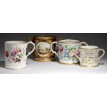 A COALPORT PORTER MUG, A BISHOP AND STONIER LOVING CUP AND TWO OTHER STAFFORDSHIRE LOVING CUPS,