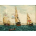 A VICTORIAN GLASS PICTURE OF THREE BRITISH SHIPS AT SEA, MID 19TH C  painted sky background, 28.5