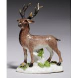 A MEISSEN MINIATURE MODEL OF A STAG, C1770  on sprigged mound and flat unglazed base, 7cm h Minor