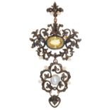A CONTINENTAL YELLOW SAPPHIRE, DIAMOND AND BAROQUE PEARL BROOCH-PENDANT, POSSIBLY ITALIAN, EARLY