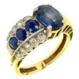 A SAPPHIRE AND DIAMOND COCKTAIL RING, C1940  in gold, unmarked,  7.5g, size R Light abrasions to