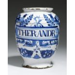 A LONDON DELFTWARE DRUG JAR, C1680-90 of ovoid shape, painted in blue with a shaded label inscribed
