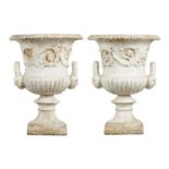 A PAIR OF CAST IRON GARDEN VASES, 19TH C  OR LATER  of campana shape, 60cm h, white painted Rusty