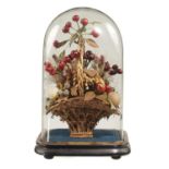 A VICTORIAN WAX FRUIT ORNAMENT, C1870 the wicker basket filled with grasses and moss and an