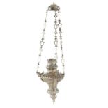A PORTUGUESE ROCOCO SILVER SANCTUARY LAMP  of richly chased ogee form with three full relief