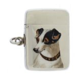 A VICTORIAN SILVER AND ENAMEL VESTA CASE with the head of a Jack Russell Terrier, the reverse