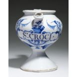 A LONDON OR BRISTOL DELFTWARE WET DRUG JAR, C1710-20 of inverted onion shape with flanged spout