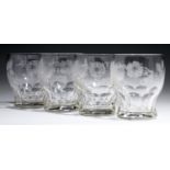 A SET OF FOUR WAISTED GLASS MASONIC BEAKERS, EARLY 20TH C  engraved with Jacobite symbols, FIAT