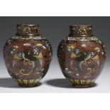 A PAIR OF JAPANESE CLOISONNE ENAMEL TEA CADDIES, COVERS AND INNER COVERS, MEIJI PERIOD decorated