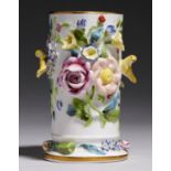 A SPODE FLORAL ENCRUSTED SPILL VASE, C1820 applied with two canaries, 10.5cm h, painted SPODE,