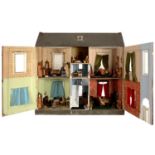 A VICTORIAN PAINTED WOOD DOLLS HOUSE the front opening to reveal five rooms, staircase, hall and