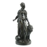 A BRONZE ALLEGORICAL STATUETTE OF A CLASSICAL WOMAN WITH LION AND SPEAR AT HER FEET, 19TH C  rich